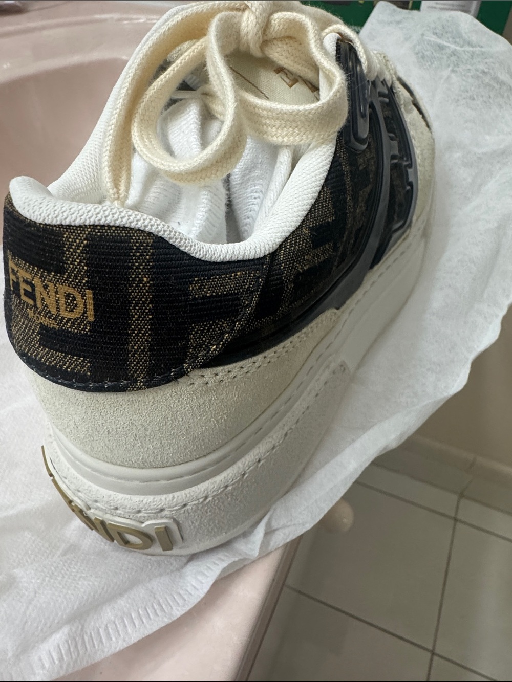 Fendi Cream and Brown Logo Low-Top Sneaker